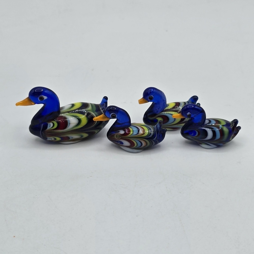 Hand Blown Mini Glass Duck Figurine‎ Multicolor Vtg Art Glass Mom & Babies Set